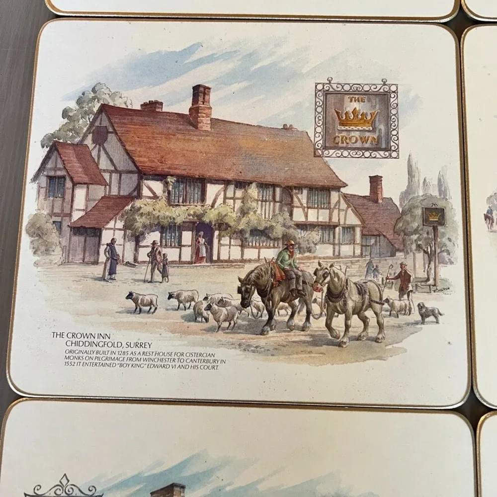 Vintage Cloverleaf Table Mats Set Olde Inns of England Cork Backed Placemats Set